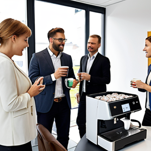 Home 15 **A bustling office scene in a large German company. Focus on networking: colleagues chatting around a coffee machine, someone attending an internal training session, and business cards being exchanged. The atmosphere should be friendly and collaborative.**