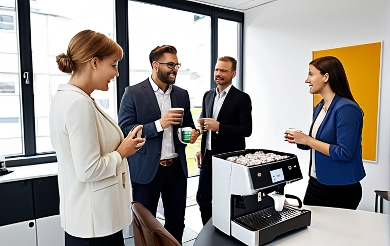 **A bustling office scene in a large German company. Focus on networking: colleagues chatting around a coffee machine, someone attending an internal training session, and business cards being exchanged. The atmosphere should be friendly and collaborative.**
