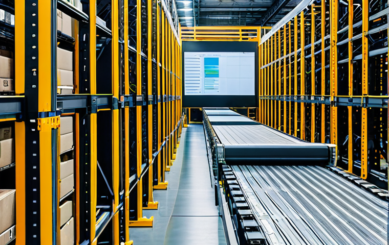 A highly automated, intelligent logistics warehouse interior. Modern robotic systems efficiently move packages on conveyor belts between towering high-bay racks. Large, transparent digital screens display real-time inventory data, supply chain analytics, and AI-driven predictions. The environment is clean, brightly lit, and conveys advanced industrial precision and efficiency. safe for work, appropriate content, fully clothed, professional, perfect anatomy, correct proportions, natural pose, well-formed hands, proper finger count, natural body proportions, professional photography, high quality.