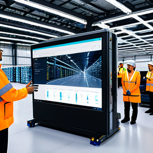Home 7 A diverse team of professional logistics managers and technicians, fully clothed in modern, modest business attire and clean work uniforms, collaboratively overseeing operations in a highly automated, futuristic logistics center. The vast warehouse features robotic systems efficiently moving goods, large holographic screens displaying real-time data analytics and AI-driven insights with glowing data lines. The space is well-lit by energy-efficient LED lighting and natural light from large windows, emphasizing innovation and precision in distribution. Perfect anatomy, correct proportions, well-formed hands, natural pose, safe for work, appropriate content, professional, high quality.
