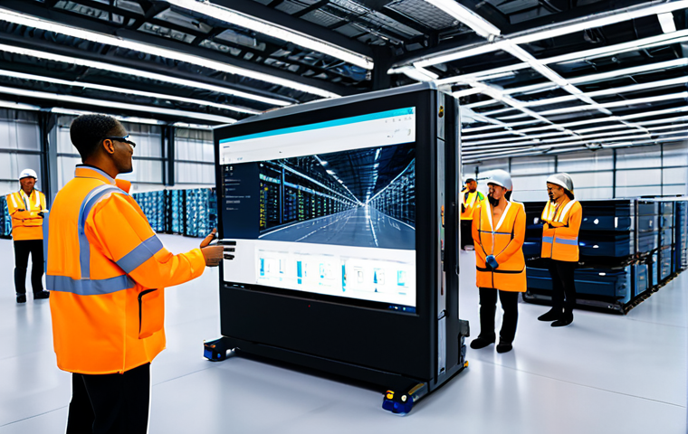 A diverse team of professional logistics managers and technicians, fully clothed in modern, modest business attire and clean work uniforms, collaboratively overseeing operations in a highly automated, futuristic logistics center. The vast warehouse features robotic systems efficiently moving goods, large holographic screens displaying real-time data analytics and AI-driven insights with glowing data lines. The space is well-lit by energy-efficient LED lighting and natural light from large windows, emphasizing innovation and precision in distribution. Perfect anatomy, correct proportions, well-formed hands, natural pose, safe for work, appropriate content, professional, high quality.