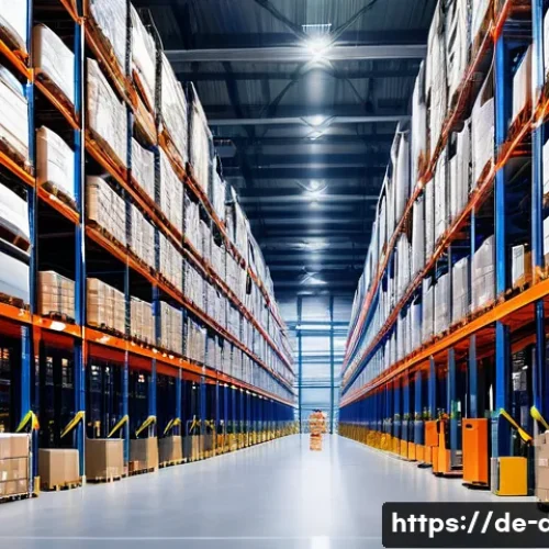 유통관리사 시험 과목별 중요 키워드 - A modern, spacious warehouse interior showcasing efficient logistics operations: tall, organized hig...