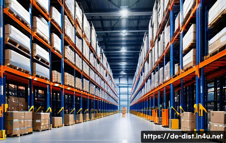 유통관리사 시험 과목별 중요 키워드 - A modern, spacious warehouse interior showcasing efficient logistics operations: tall, organized hig...