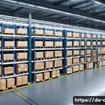 유통관리사 자격증의 가치와 전망 - A modern German logistics warehouse interior bustling with activity, featuring automated shelving sy...