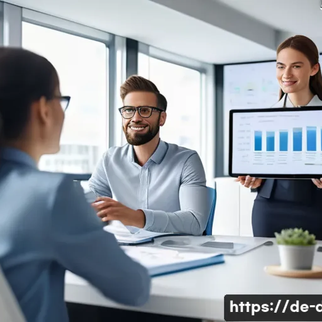 유통관리사와 유통 전문 직무 비교 - A professional sales manager leading a dynamic team meeting in a modern German office, diverse group...