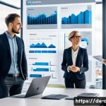 유통관리사와 글로벌 유통시장 이해 - A modern European sales office scene showcasing digital transformation: diverse sales professionals ...