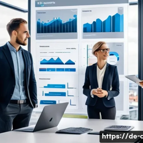 유통관리사와 글로벌 유통시장 이해 - A modern European sales office scene showcasing digital transformation: diverse sales professionals ...