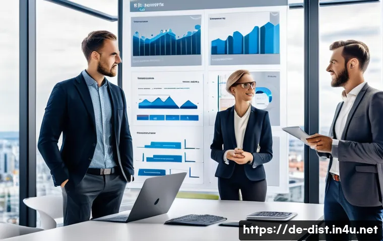 유통관리사와 글로벌 유통시장 이해 - A modern European sales office scene showcasing digital transformation: diverse sales professionals ...