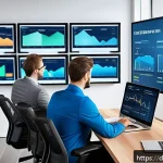유통관리사 자격증으로 유리한 마케팅 사례 - A modern office scene showing a diverse team of sales and marketing professionals analyzing customer...