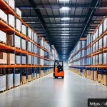 유통관리사 시험 기출문제 풀이 - A modern German warehouse interior showcasing advanced logistics technology: wide aisles with neatly...