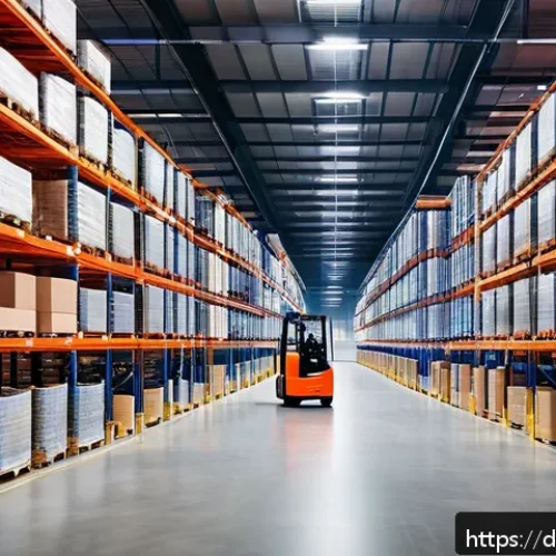 유통관리사 시험 기출문제 풀이 - A modern German warehouse interior showcasing advanced logistics technology: wide aisles with neatly...