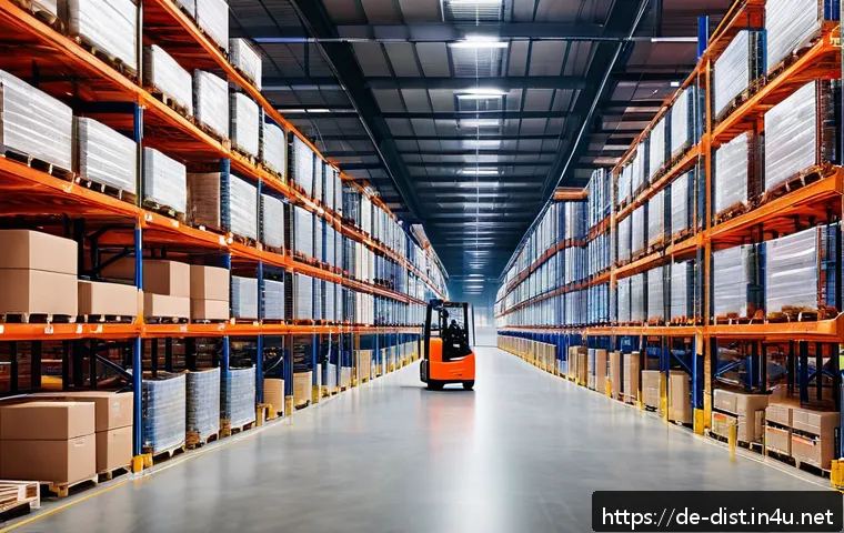 유통관리사 시험 기출문제 풀이 - A modern German warehouse interior showcasing advanced logistics technology: wide aisles with neatly...