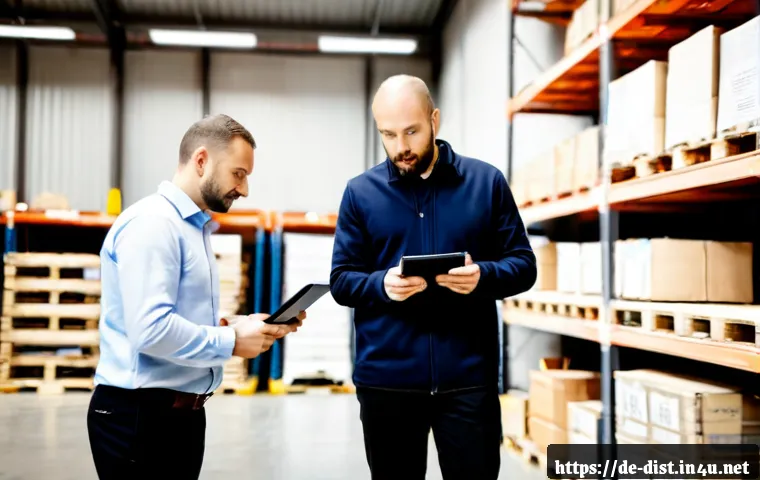 유통관리사 실무 중심 자격증 - Photorealistic German distribution management training scene, a focused adult warehouse coordinator ...